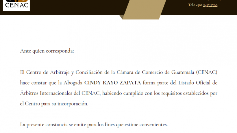 Reconocimiento en Arbitraje Internacional: Socia Fundadora se integra al CENAC Guatemala