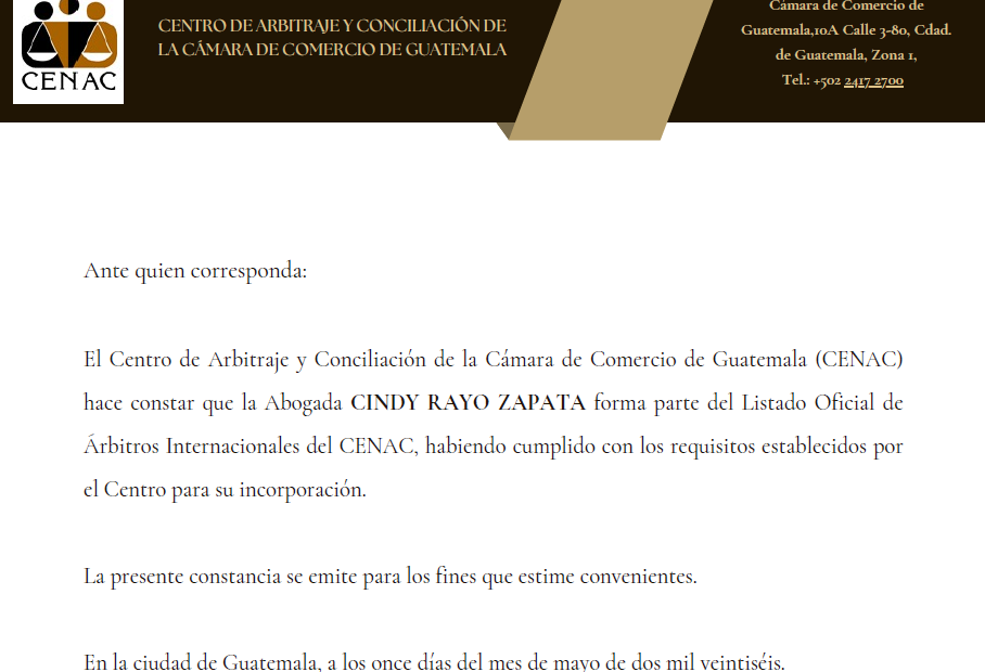 Reconocimiento en Arbitraje Internacional: Socia Fundadora se integra al CENAC Guatemala