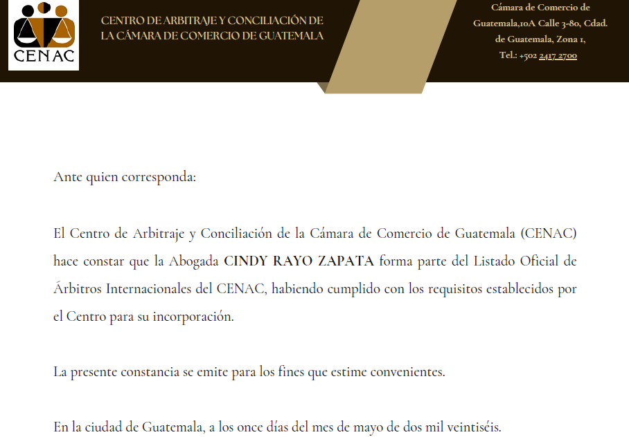 Reconocimiento en Arbitraje Internacional: Socia Fundadora se integra al CENAC Guatemala